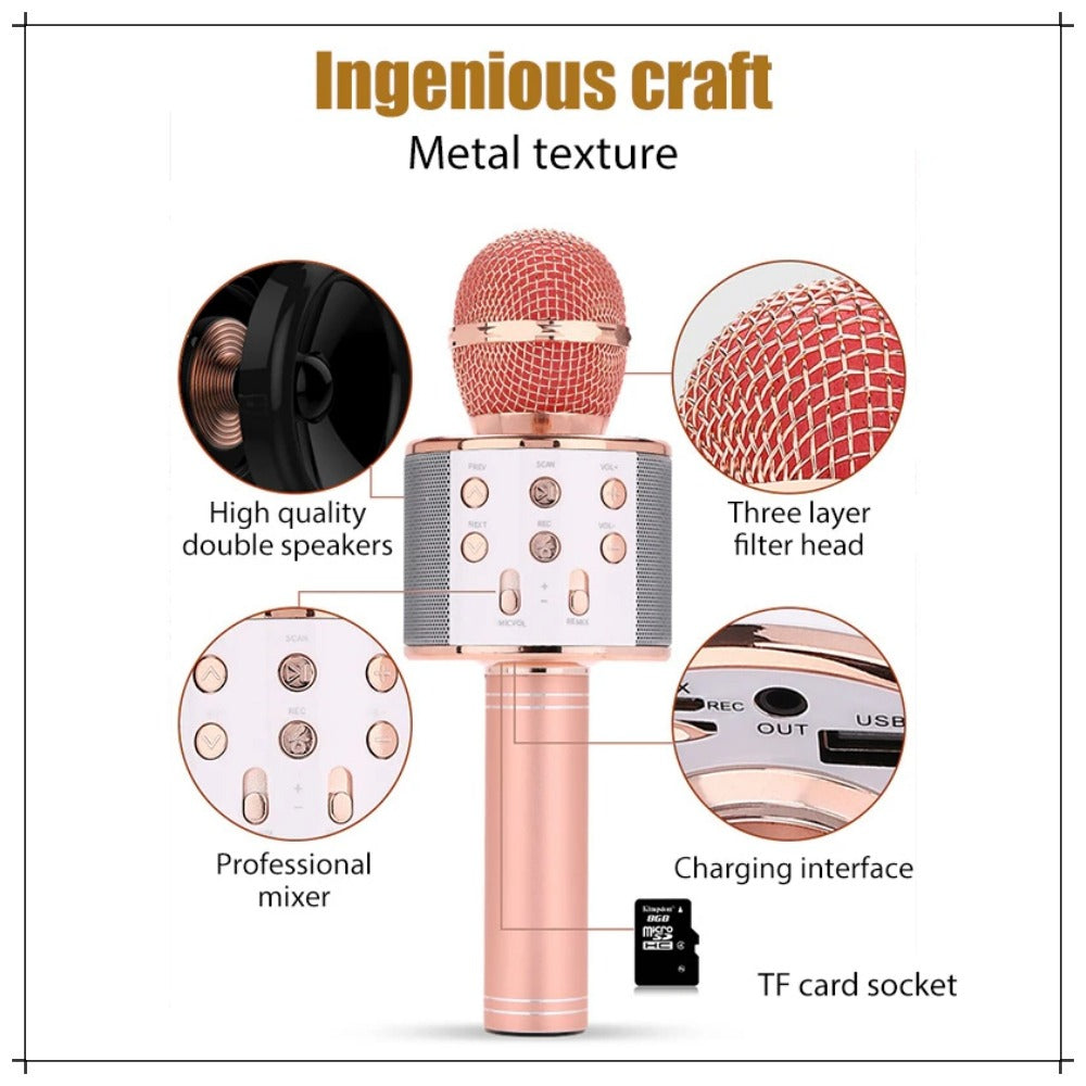 WS 858 Portable Rechargeable Wireless Bluetooth Microphone & HiFi Speaker KTV Handheld Karaoke Singing Mic For Kids & Adults Best For Birthday Gift Home Party Indoor Outdoor Entertainment Song and Naat Singing Wireless Mic